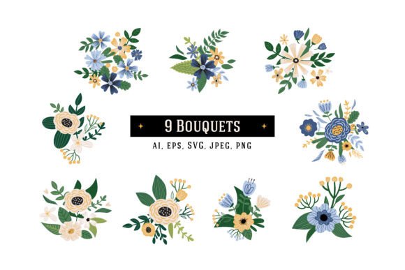 9 Flowers Bouquets Compositions: Graphics and Illustrations for Real Publishing