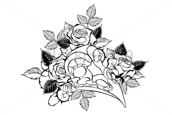 Bird Skull with Roses: Gothic Graphics & Illustrations