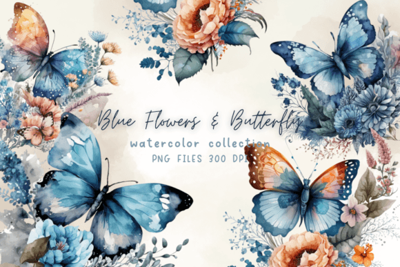Blue Flowers Butterfly Watercolor: Graphics & Illustrations