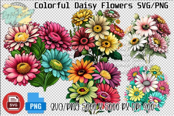 Colorful Daisy Flowers Drawing SVG PNG