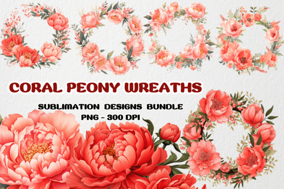 Coral Peony Wreaths Flowers Clipart: Graphics and Illustrations for Branding