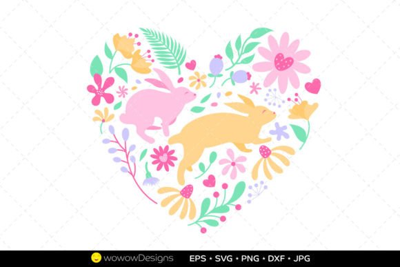 Flowers and Rabbit in Heart Shape: Graphics & Illustrations