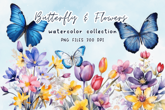 Flowers Butterflies Watercolor Clipart: Graphics & Illustrations