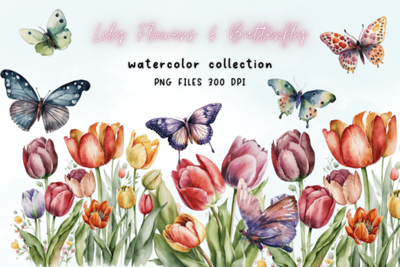 Lily Flowers Butterfly Watercolor Graphics & Illustrations