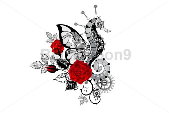 Mechanical Seahorse with Red Roses: Graphics & Illustrations
