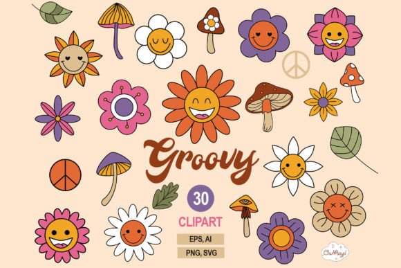 Retro Flowers Clipart: Groovy Graphics & Illustrations