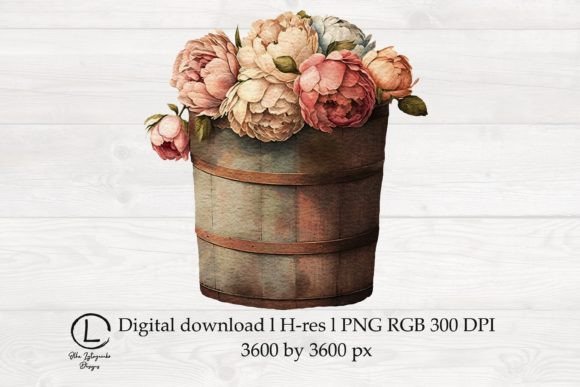 Watercolor Bucket of Flowers, Peonies: Graphics & Illustrations