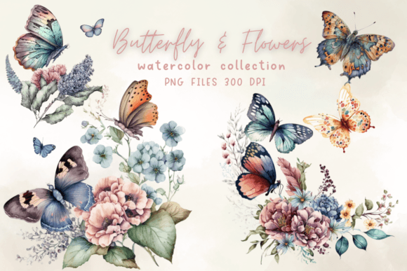 Watercolor Butterflies Flowers: Graphics & Illustrations