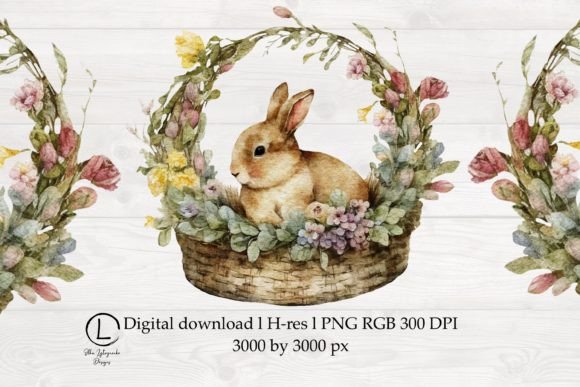 Watercolor Easter Rabbit and Flowers: Graphics & Illustrations